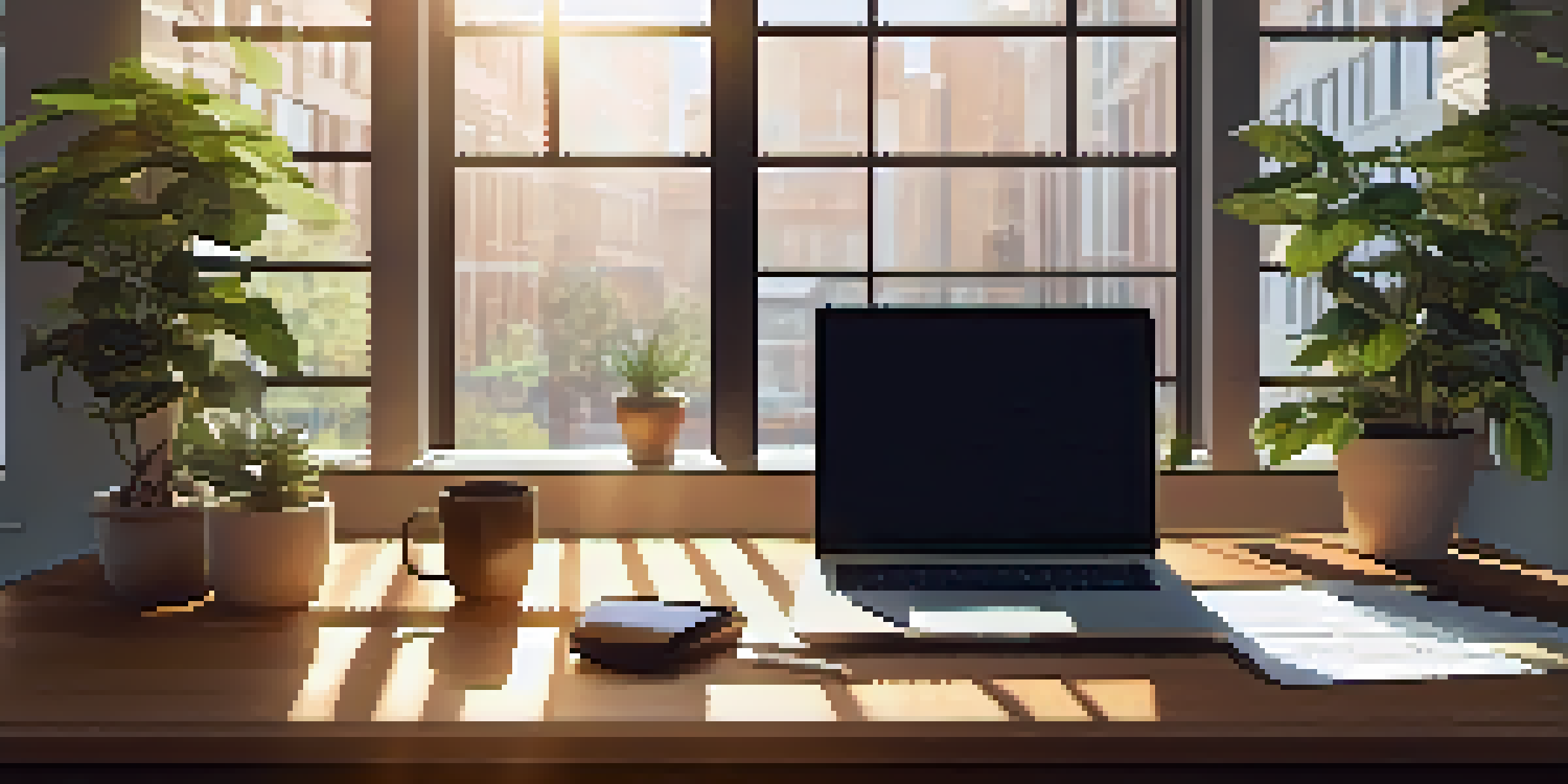 A bright office scene featuring a wooden desk with a laptop and calculator, illuminated by sunlight with a potted plant nearby.