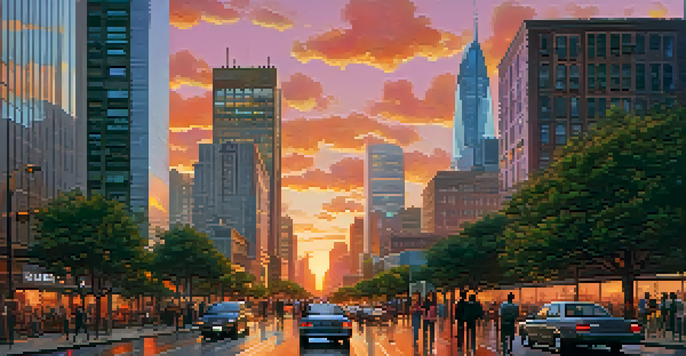 A vibrant city skyline at sunset with modern skyscrapers and a busy street filled with people and cars.