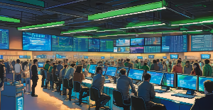 A lively cryptocurrency exchange marketplace with traders and digital screens showing Bitcoin and Ethereum prices.