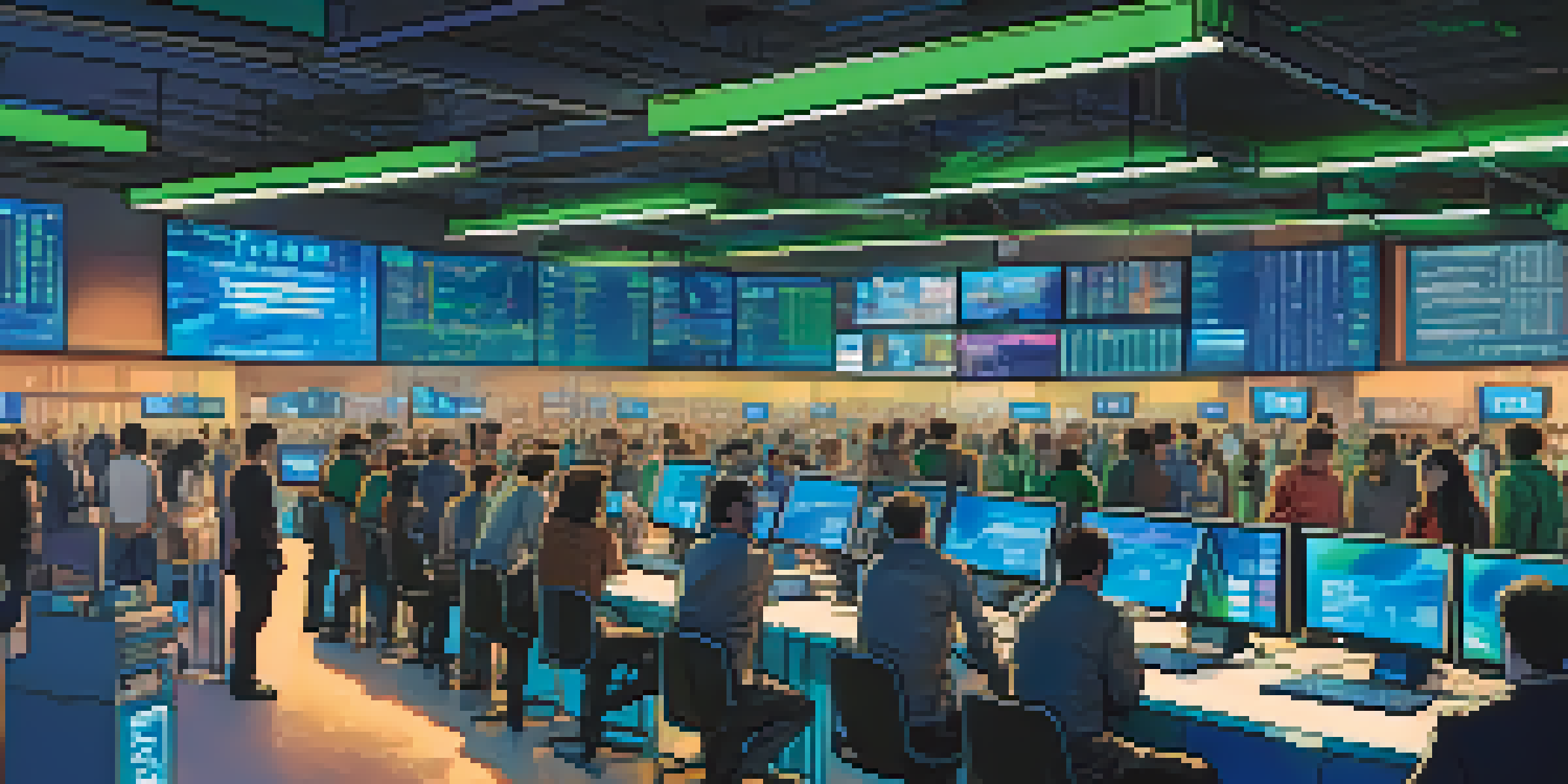 A lively cryptocurrency exchange marketplace with traders and digital screens showing Bitcoin and Ethereum prices.