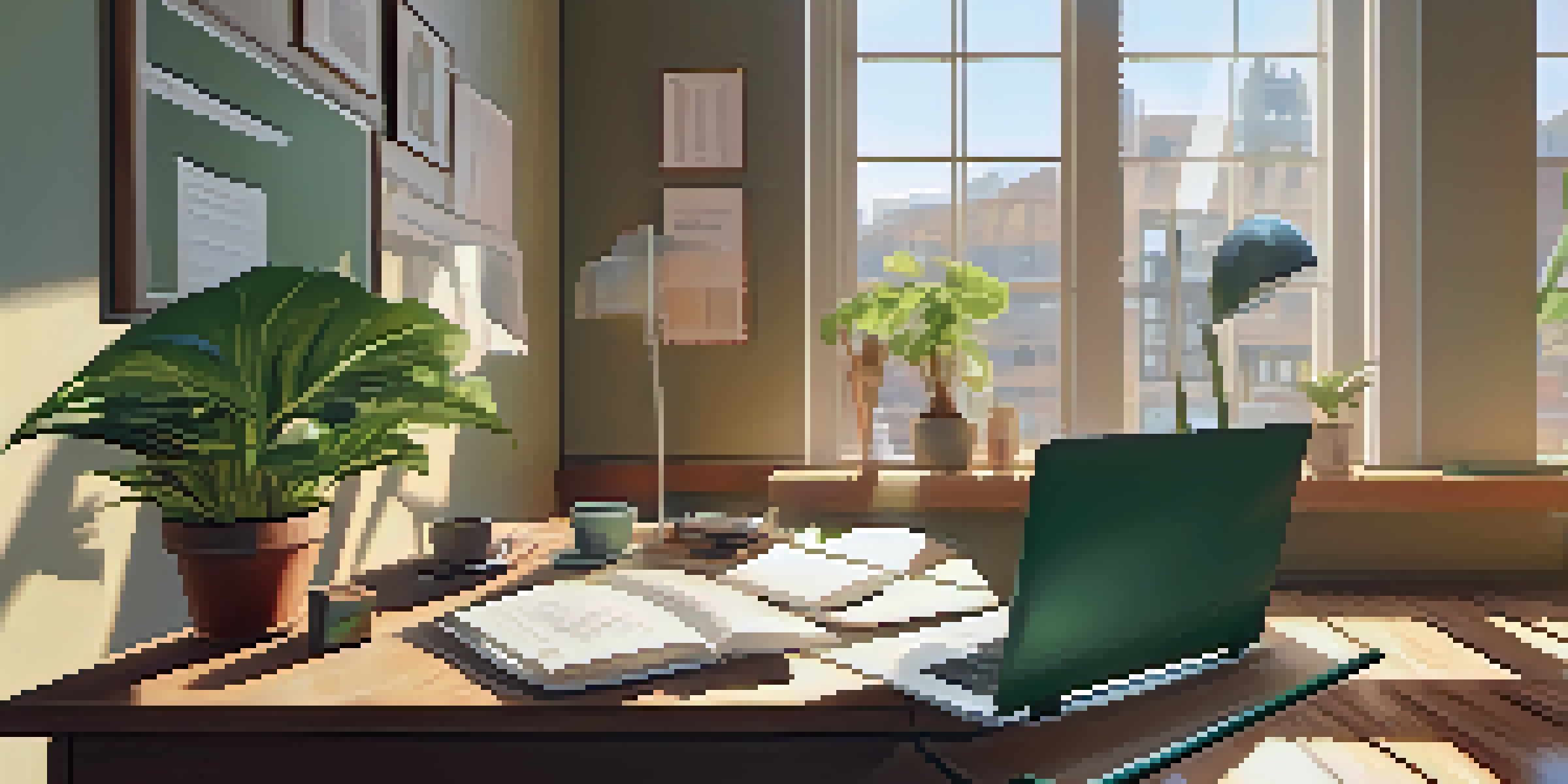 A modern office desk with a laptop, coffee cup, and financial documents, bathed in sunlight from a large window.
