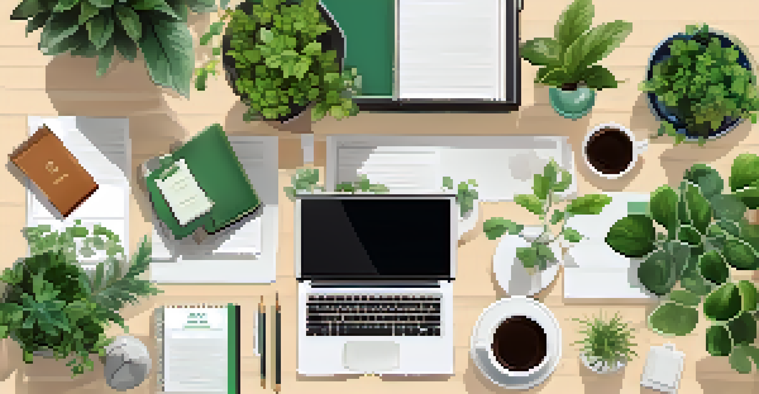 An organized workspace with a tax guidebook and laptop, featuring plants and stationery.