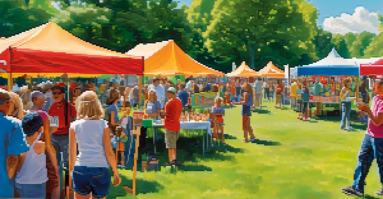 A vibrant fundraising event in a park with people engaging at booths and banners.