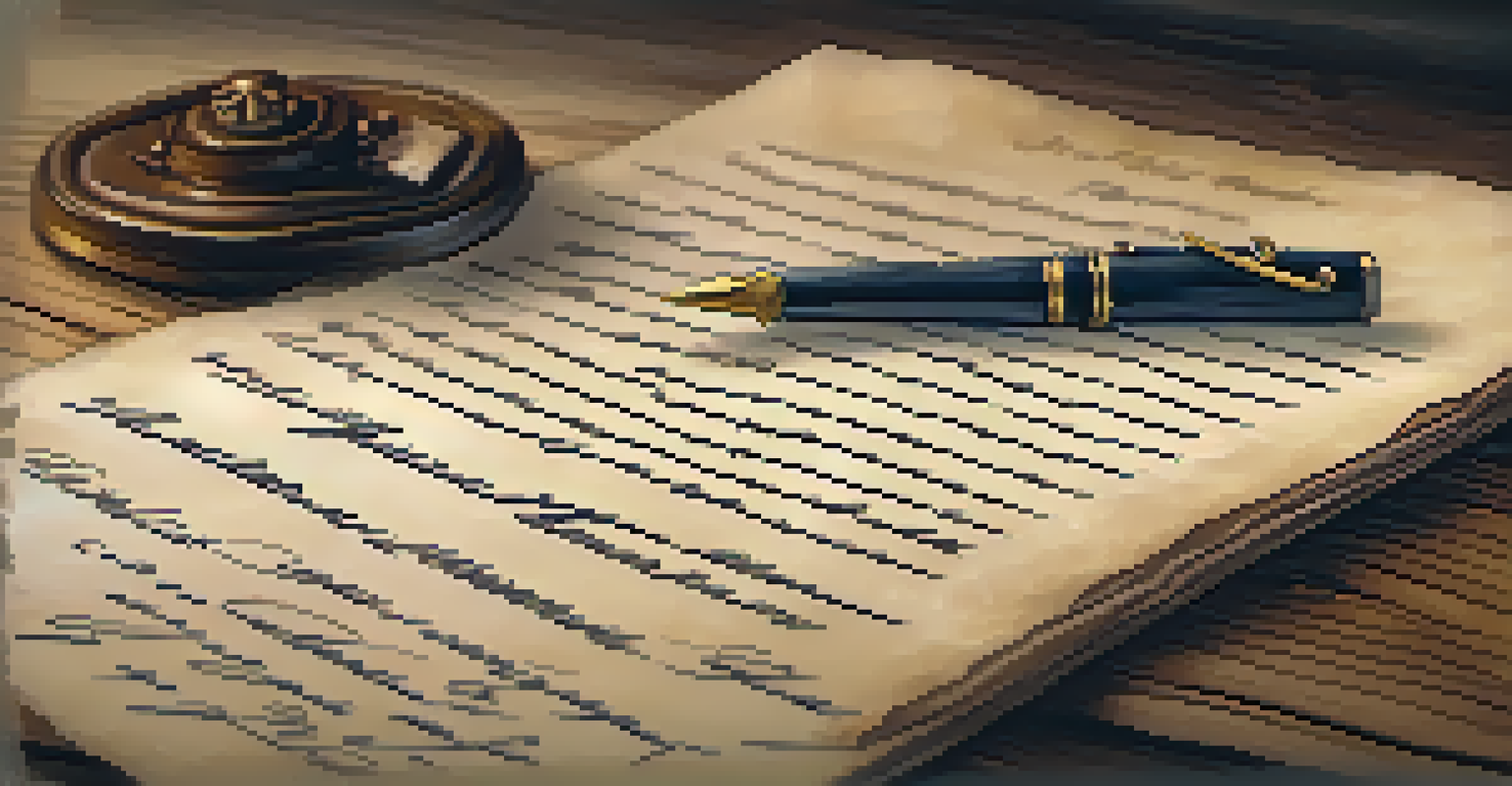 A close-up of a handwritten will and testament with a quill pen and inkpot on a wooden table.