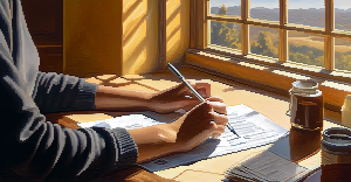 A person writing a check for a charitable donation in a bright room filled with sunlight, with receipts in the background.