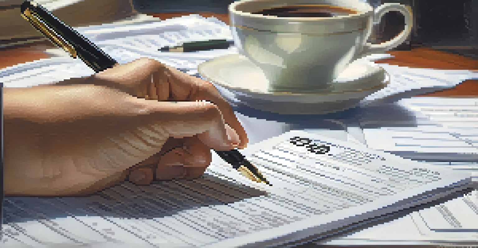 Close-up of hands writing on a tax form with a pen, with a calculator and coffee cup nearby.