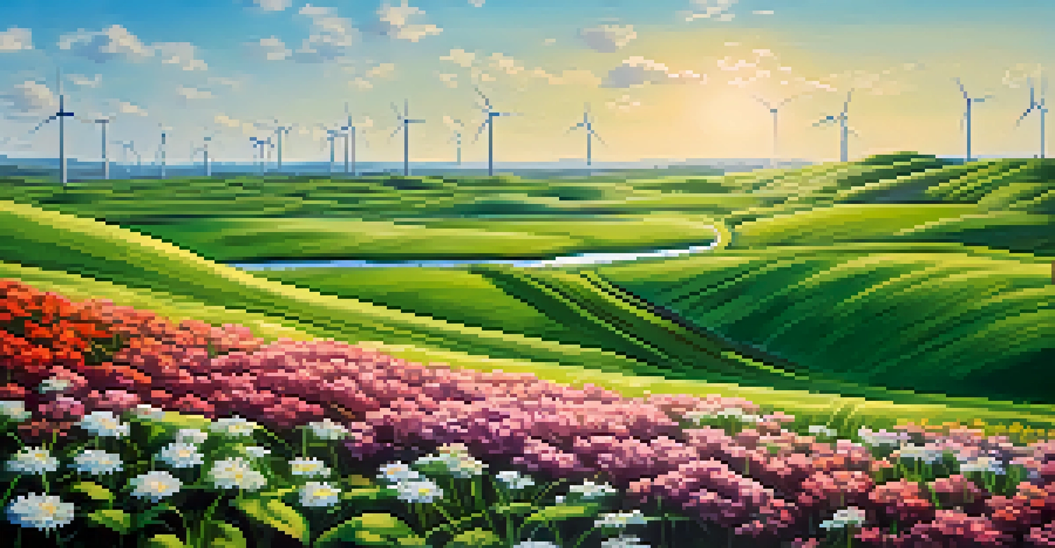 A peaceful green field with wind turbines in the background, symbolizing renewable energy investment.