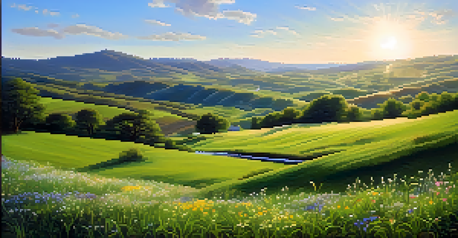 A peaceful landscape of a green field with wildflowers, rolling hills, and a gentle stream under a blue sky.