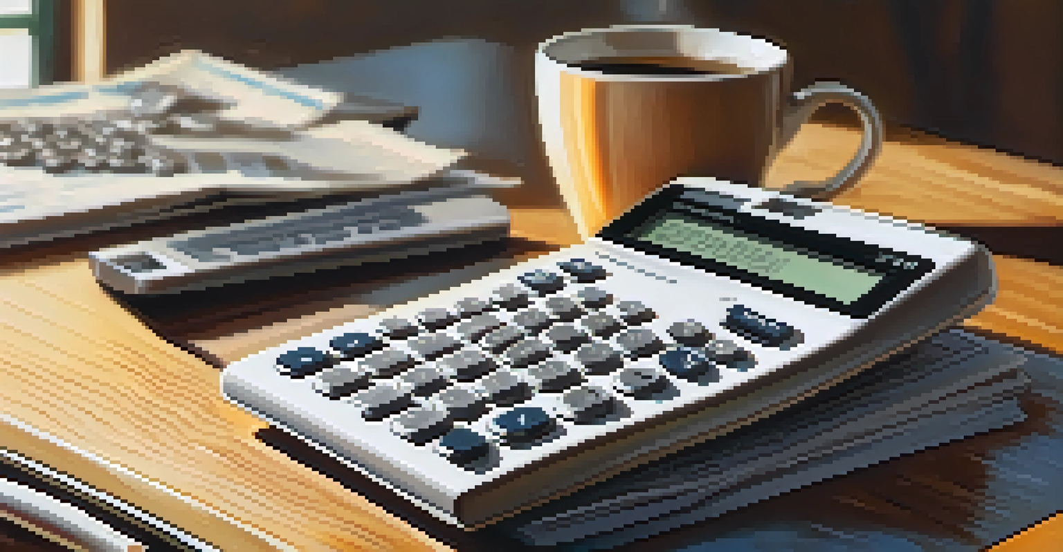 A close-up view of a calculator, tax forms, a coffee cup, and a pen on a wooden table with gentle morning light.