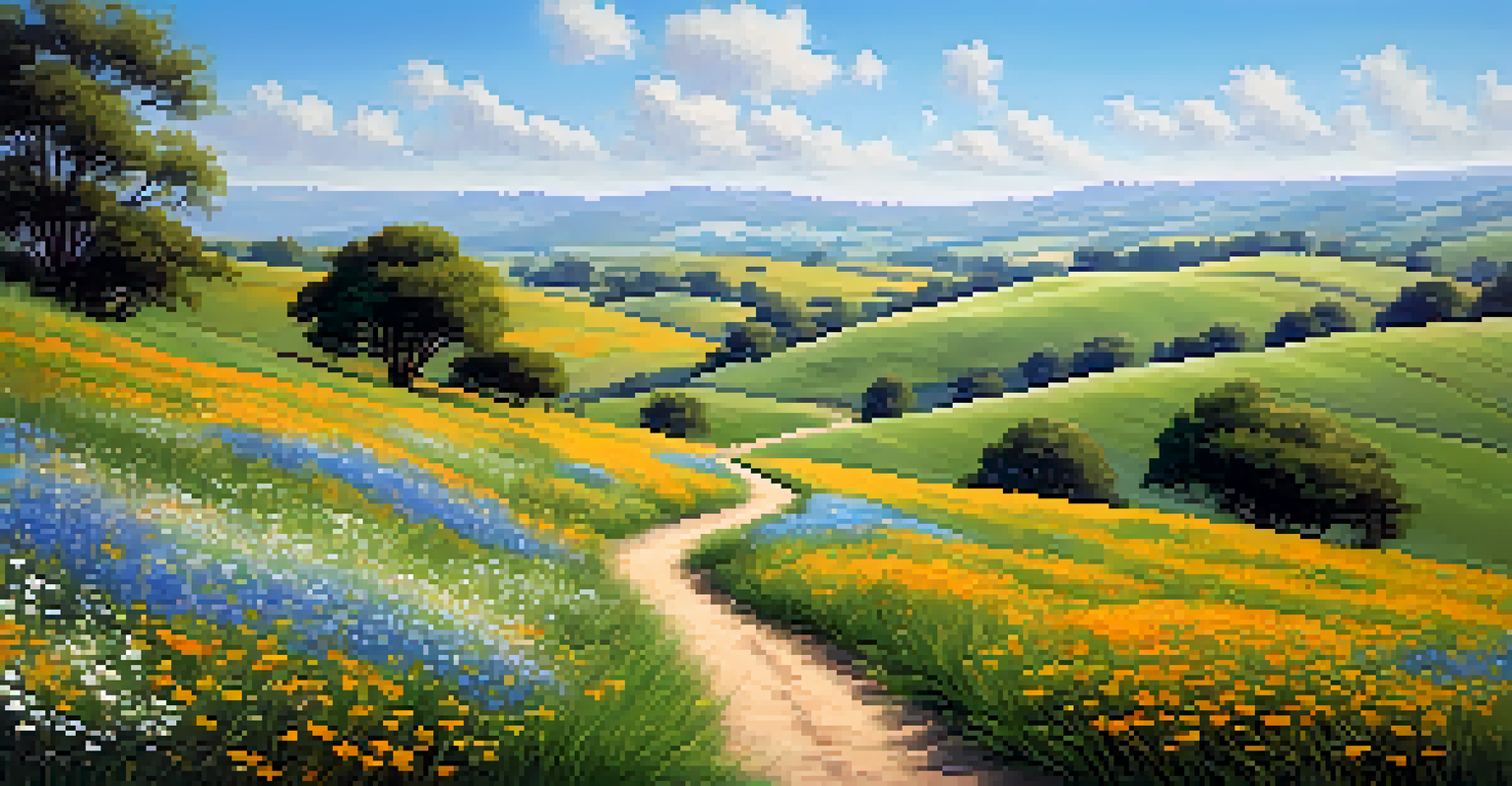A peaceful landscape with rolling hills and wildflowers under a blue sky.