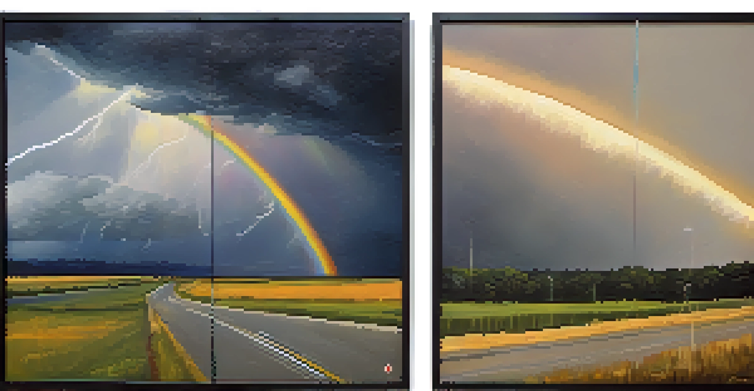 A split canvas showing a stormy sky on one side and a sunny landscape with a rainbow on the other, representing emotional responses to investment losses.