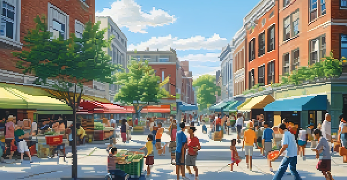 A vibrant city street filled with people of various ages and ethnicities, a blend of modern architecture and trees, under a clear sky.