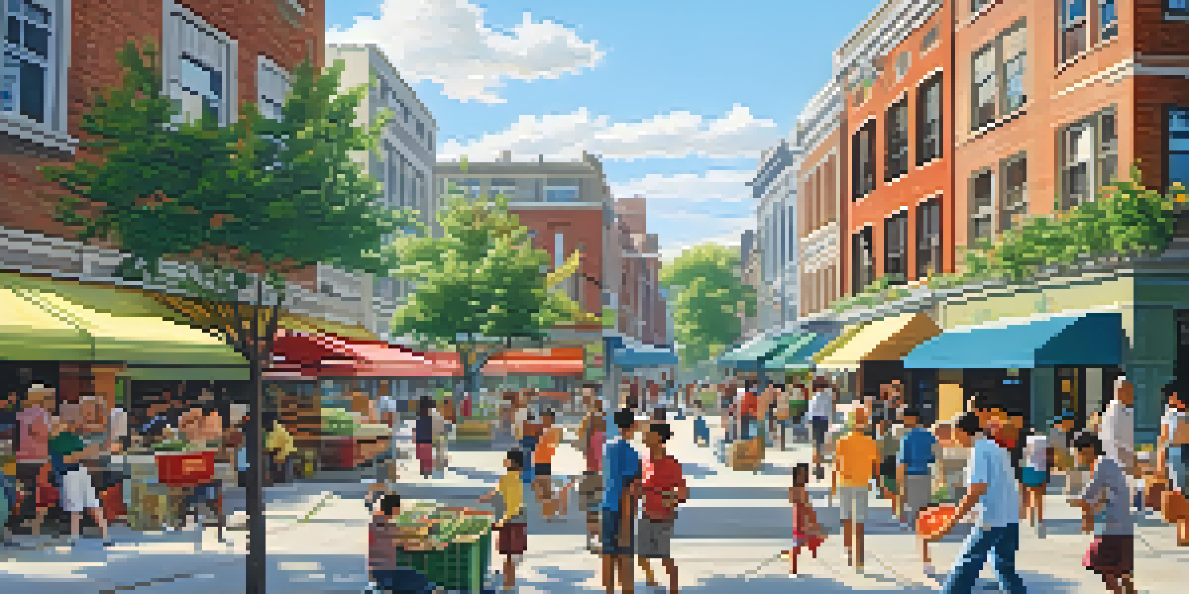 A vibrant city street filled with people of various ages and ethnicities, a blend of modern architecture and trees, under a clear sky.