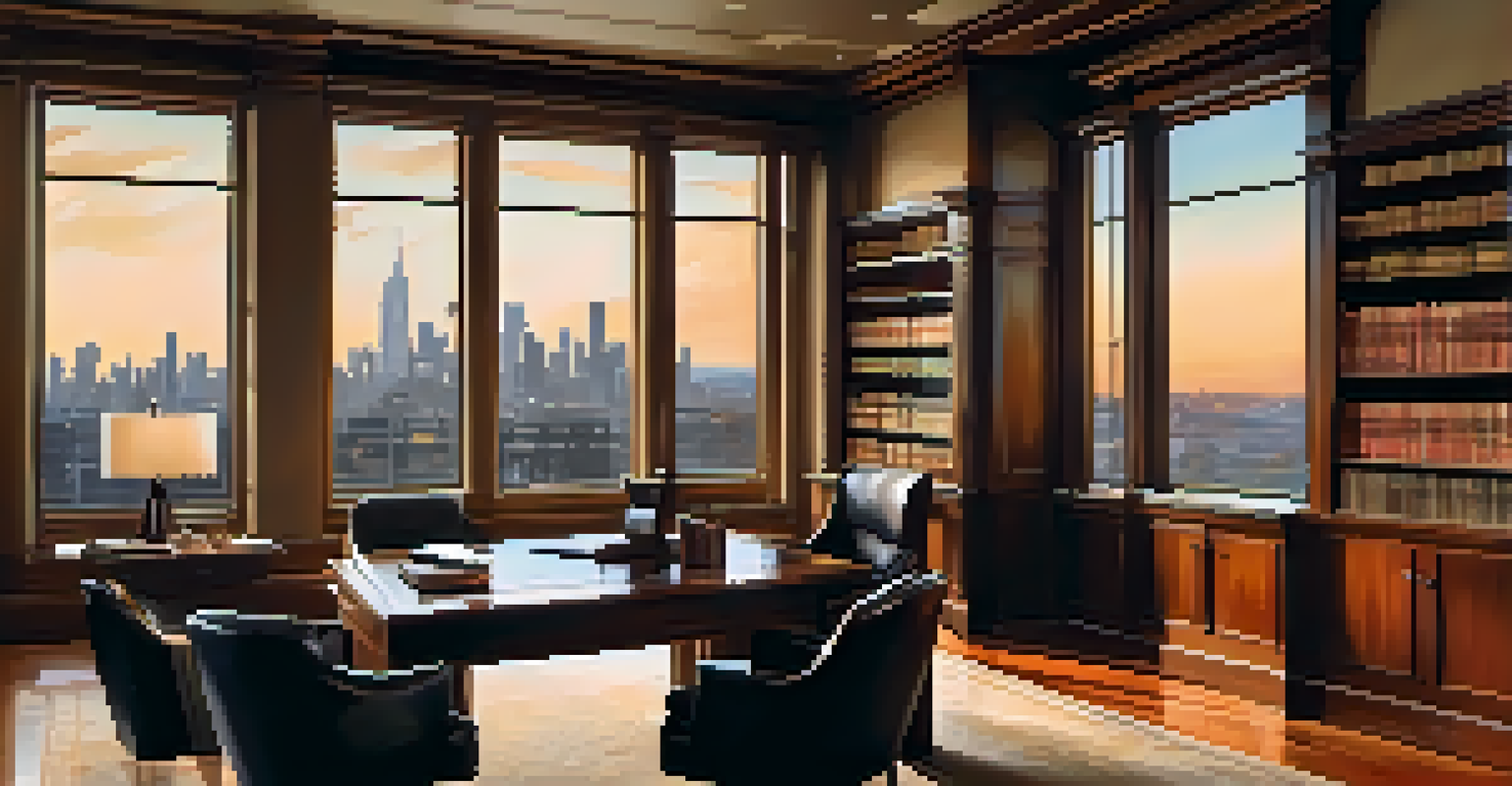 A sophisticated financial advisor's office with a wooden table and leather chairs, overlooking a city skyline at sunset through a large window.