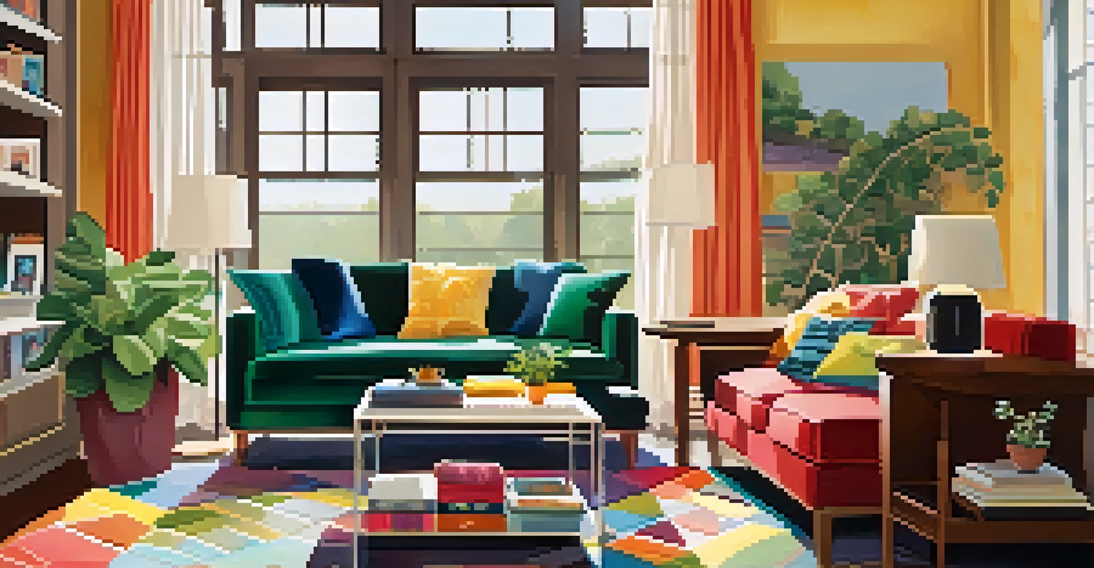 A bright family living room featuring a colorful sofa, coffee table with magazines, and sunlight streaming through curtains.