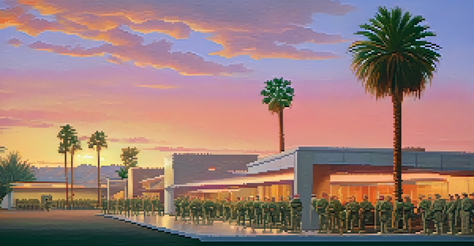 A peaceful military base in California at sunset with soldiers relaxing under palm trees.