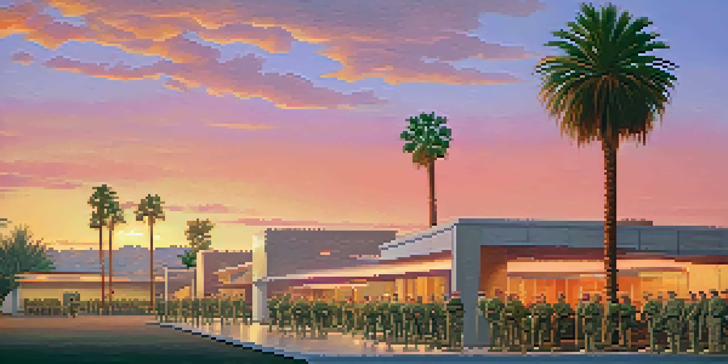 A peaceful military base in California at sunset with soldiers relaxing under palm trees.