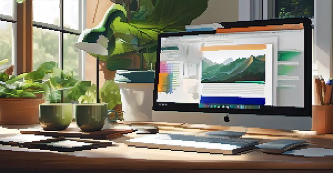 A modern home office desk with a laptop, colorful stationery, and a cup of coffee, illuminated by natural light from a window.