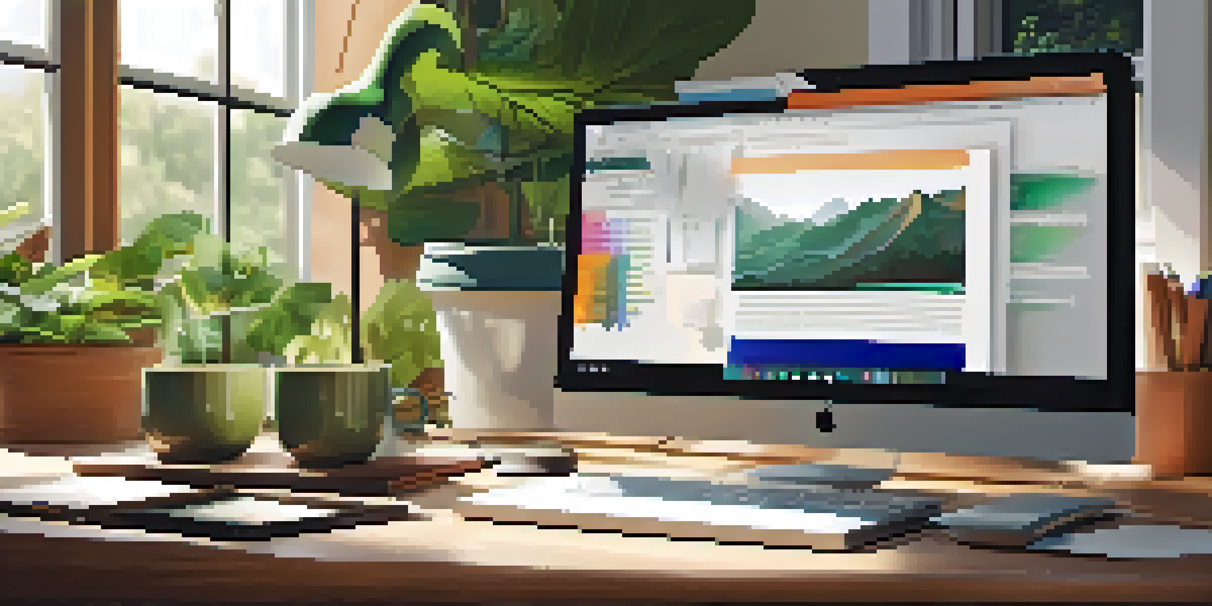 A modern home office desk with a laptop, colorful stationery, and a cup of coffee, illuminated by natural light from a window.