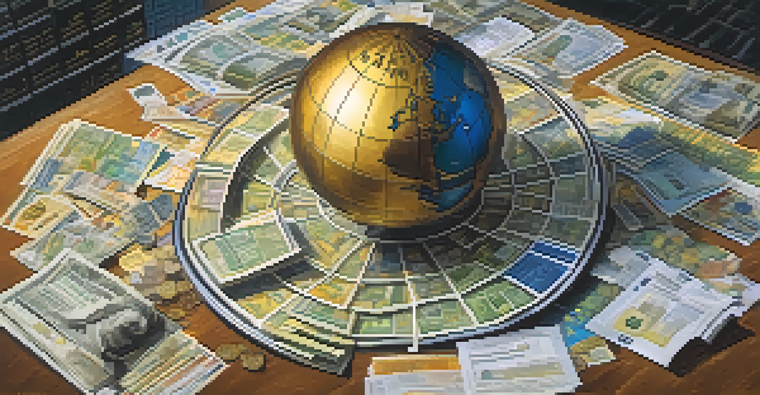 A globe surrounded by currency symbols and tax documents, representing international corporate taxes.