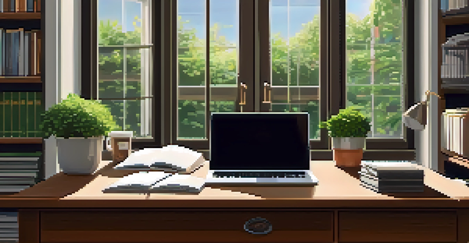 An elegant workspace with a desk, laptop, financial documents, and natural light.