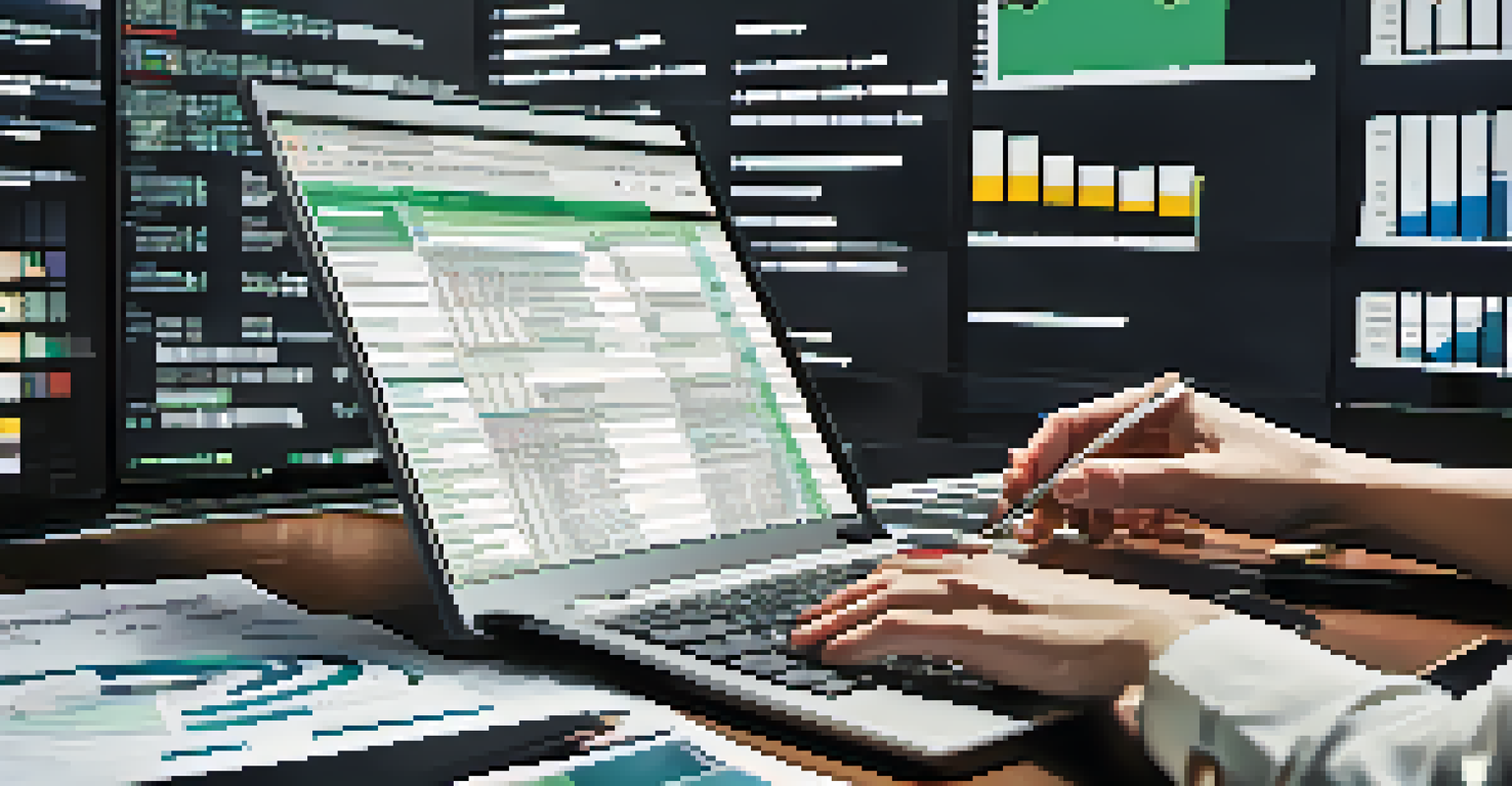 A close-up of an analyst's hands typing on a laptop surrounded by spreadsheets, focusing on deferred tax assets.