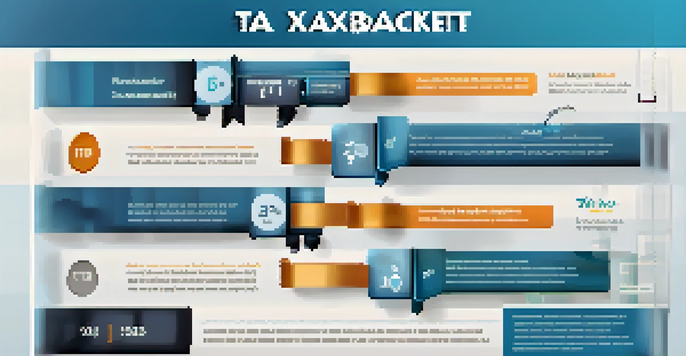 An infographic showing tax brackets with a staircase design and labeled income ranges, set against a blue gradient background.