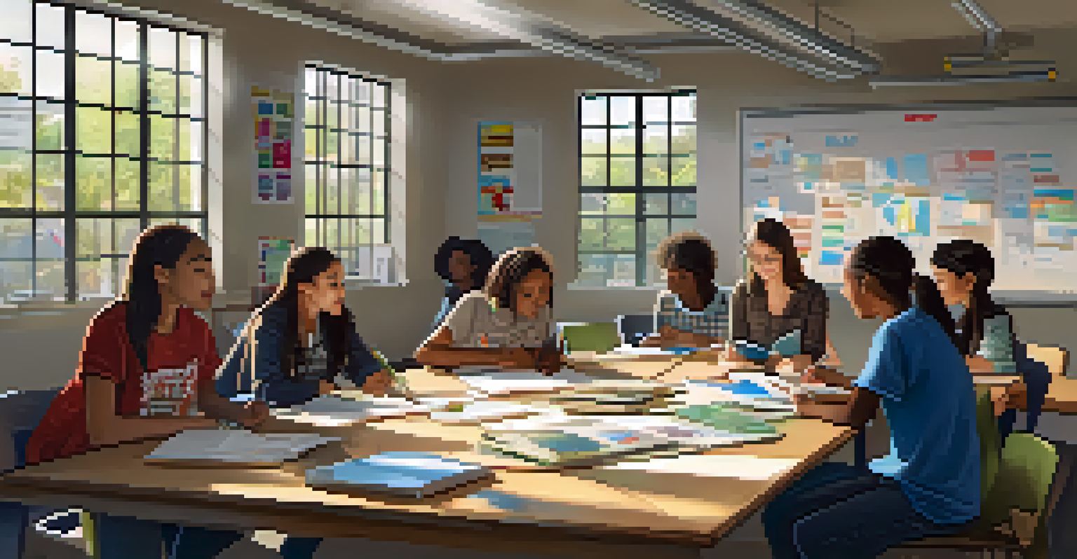 A group of diverse students working together in a bright classroom environment.