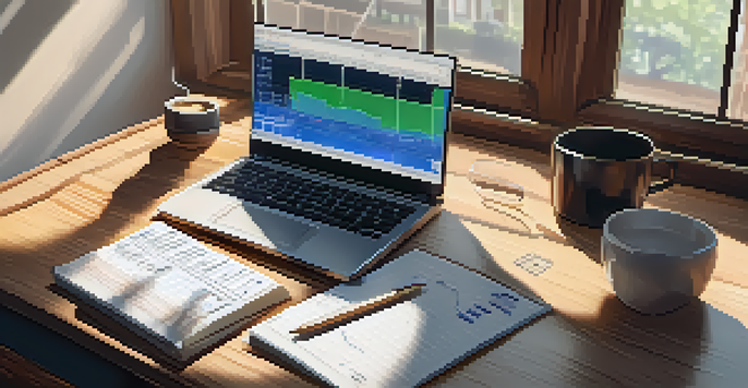 A cozy workspace with a laptop showing stock market graphs, a coffee cup, and a notepad, illuminated by sunlight.