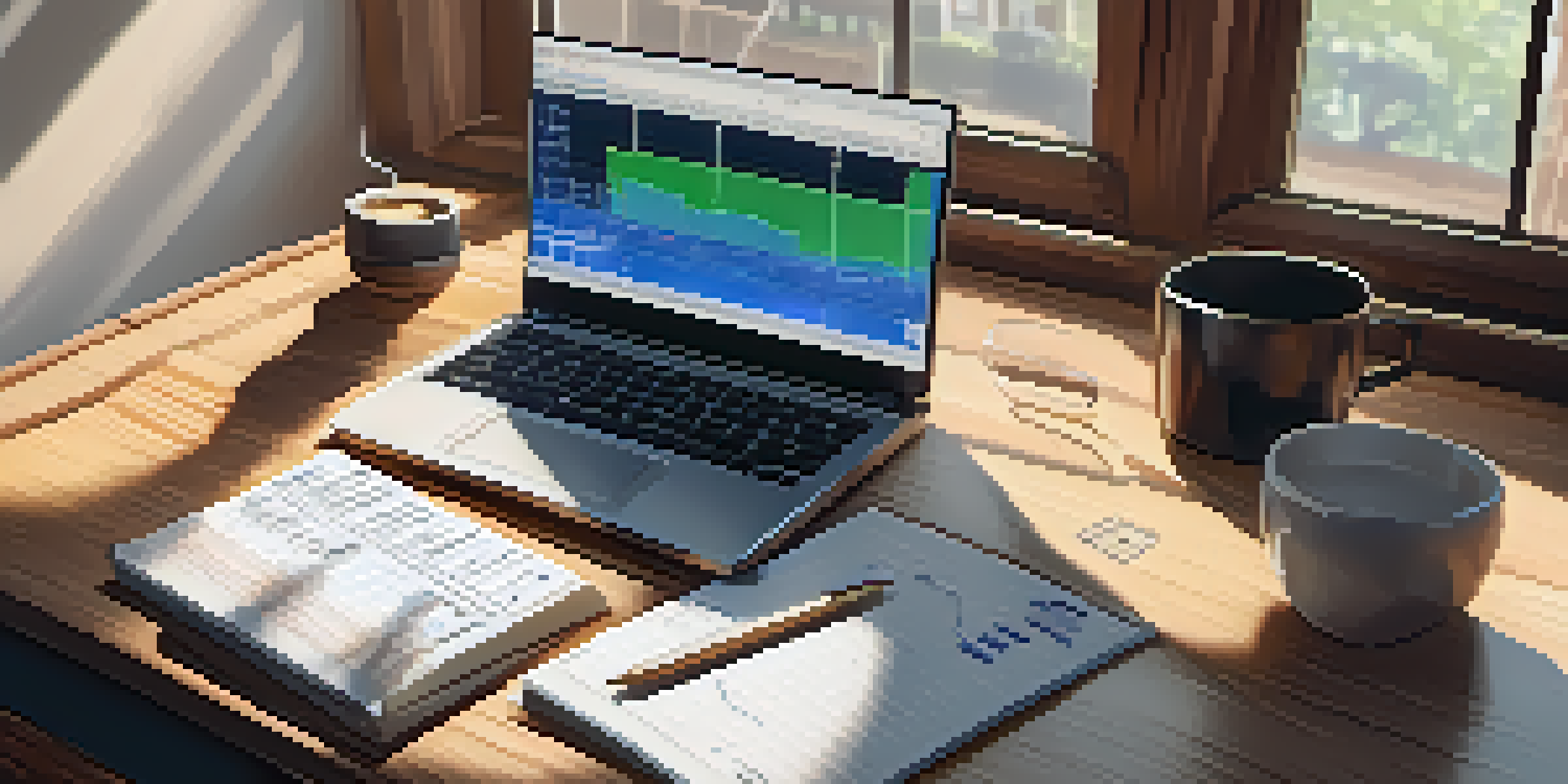 A cozy workspace with a laptop showing stock market graphs, a coffee cup, and a notepad, illuminated by sunlight.