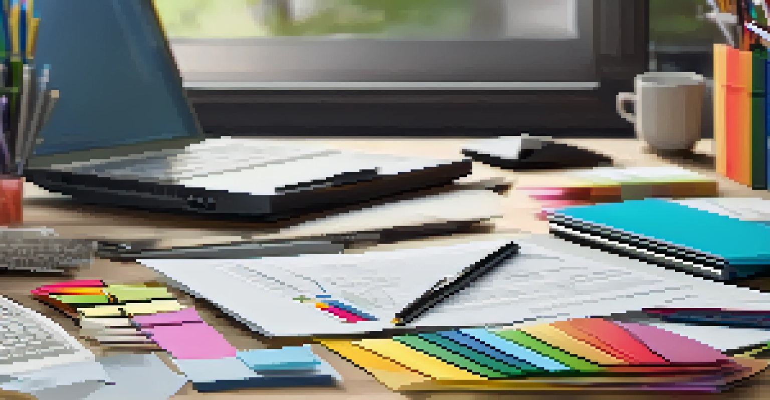 A collection of business supplies, including stationery and receipts, arranged on a wooden desk.