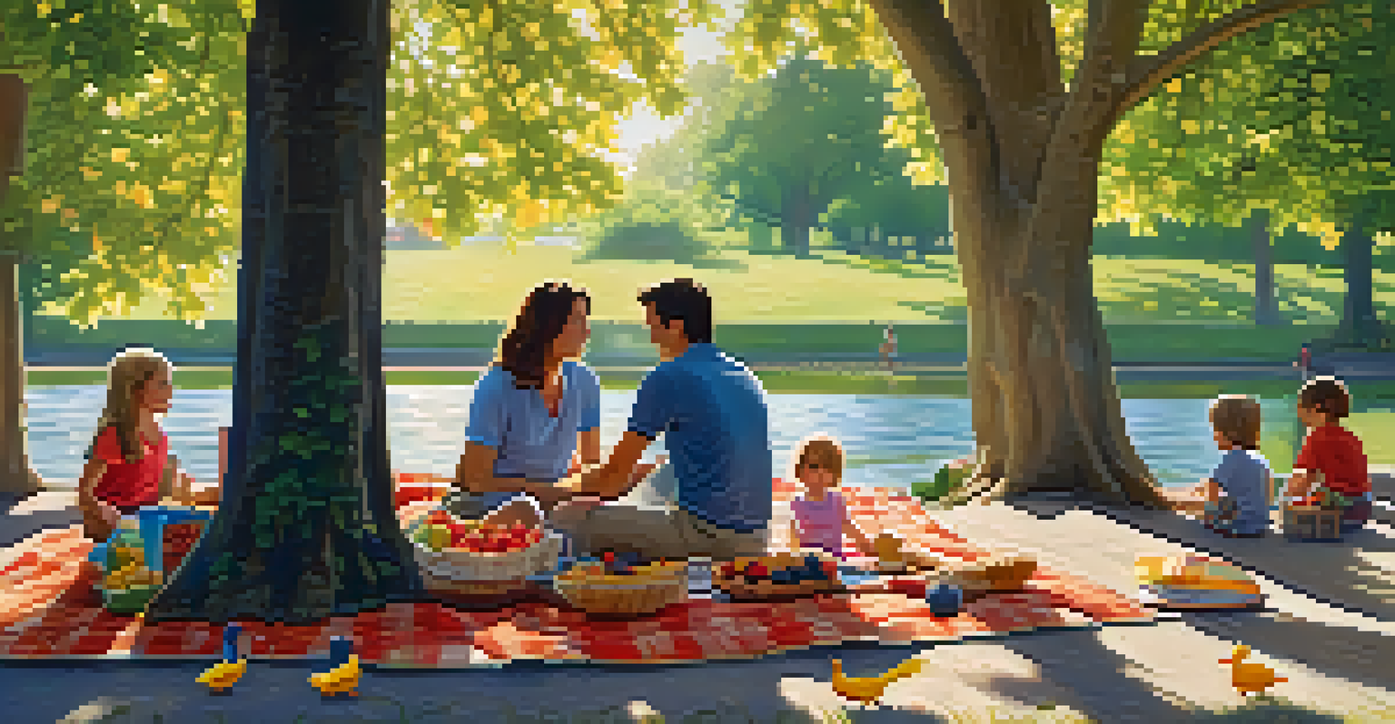 A family having a picnic in a park, with children playing frisbee and a pond with ducks in the background.