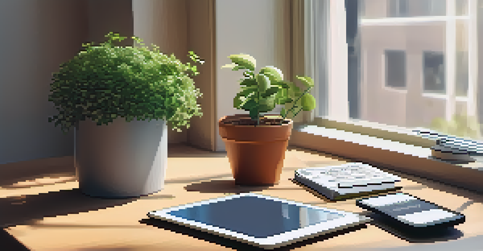 A serene workspace featuring a digital tablet with a tax calculator app, surrounded by receipts and a potted plant, illuminated by natural light.