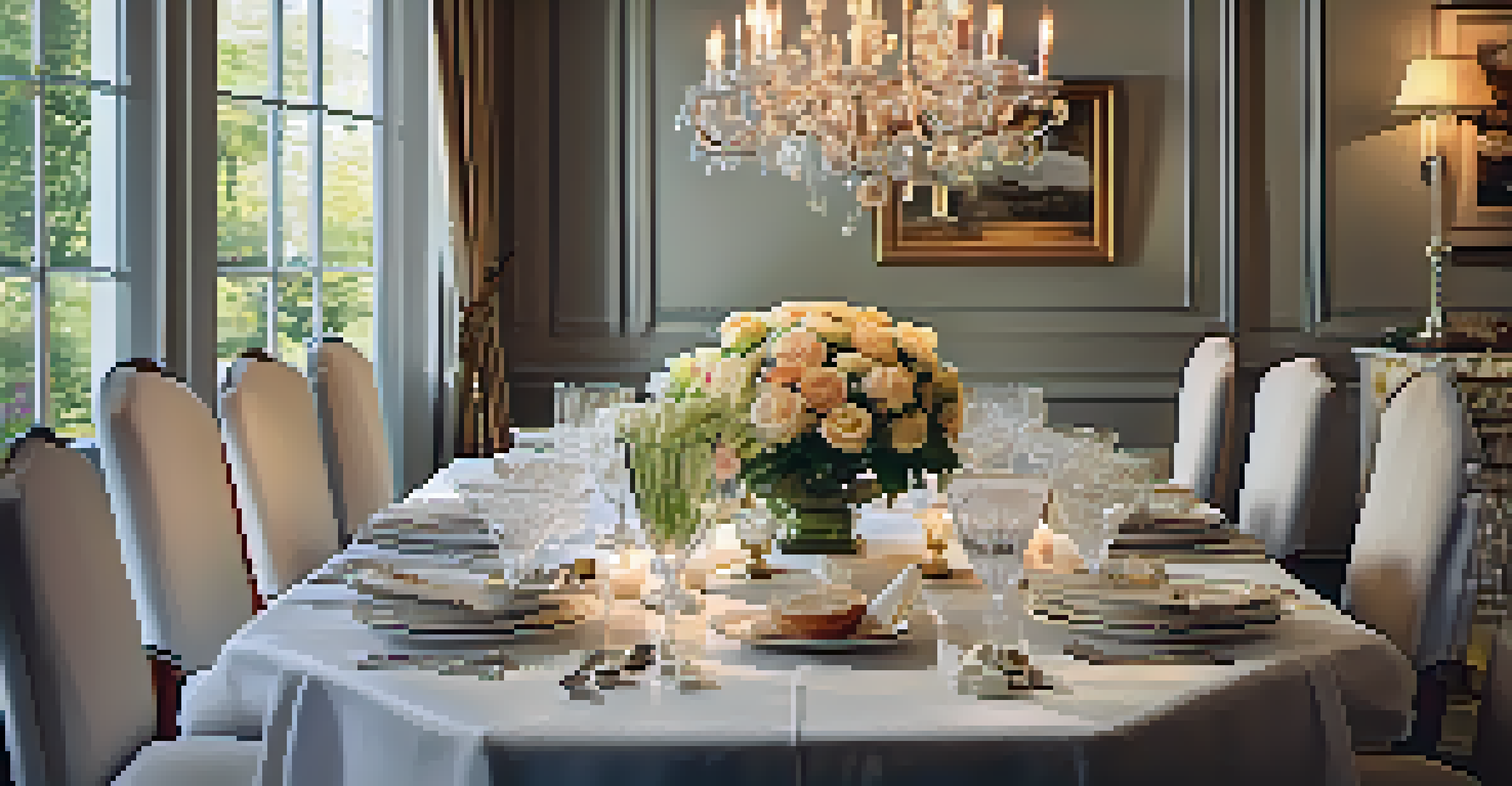 A beautifully set dining table with fine china, crystal glasses, and a floral centerpiece, illuminated by candlelight.