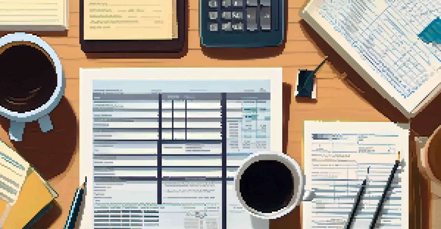 An organized desk with tax documents, a calculator, and a cup of coffee illuminated by natural sunlight.