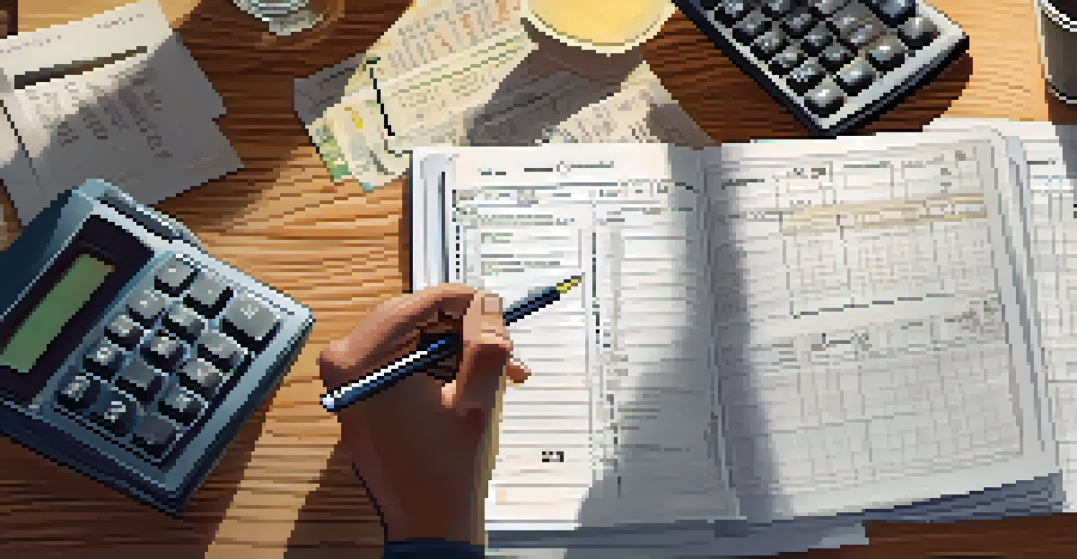 A person's hands writing in a planner with receipts and a calculator on a wooden table, focusing on tax planning.