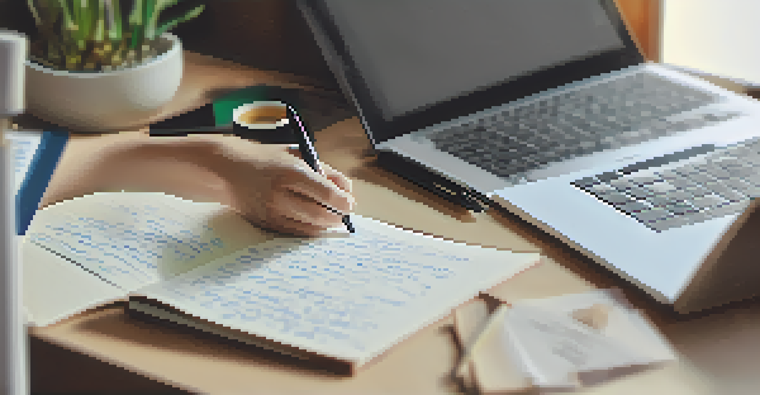 A close-up of a hand writing on a notepad with a fountain pen, surrounded by educational materials and a coffee mug.