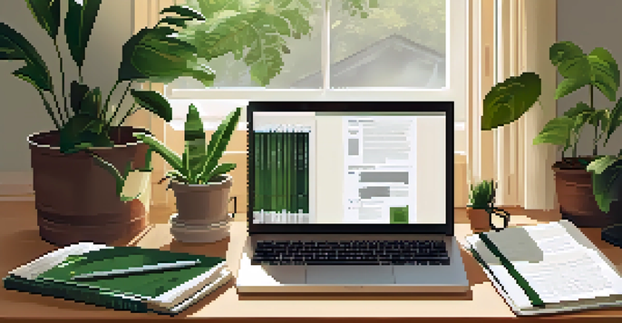 A tidy home office desk featuring organized folders, a laptop, and a plant, illuminated by soft sunlight.