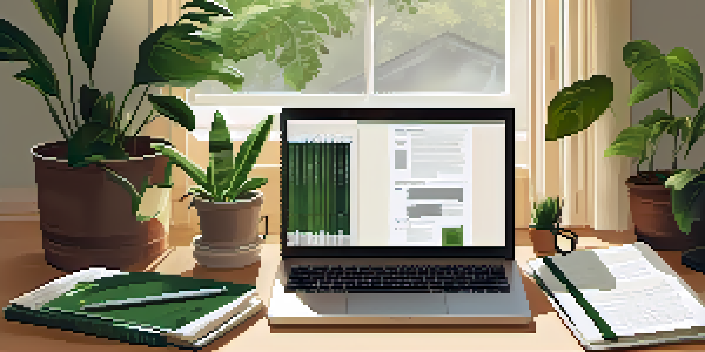 A tidy home office desk featuring organized folders, a laptop, and a plant, illuminated by soft sunlight.