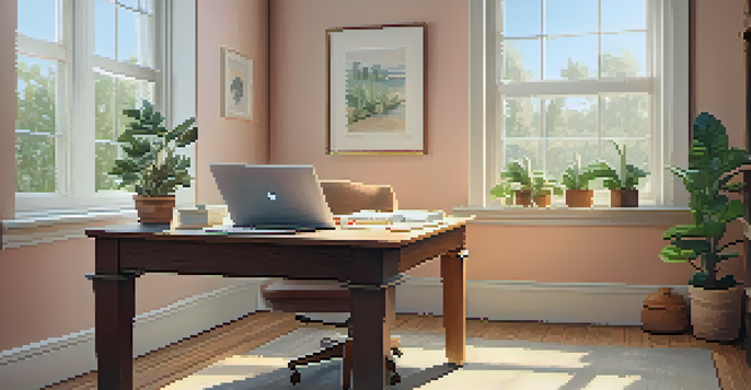 A bright and serene office space featuring a wooden desk, laptop, and a potted plant by the window.