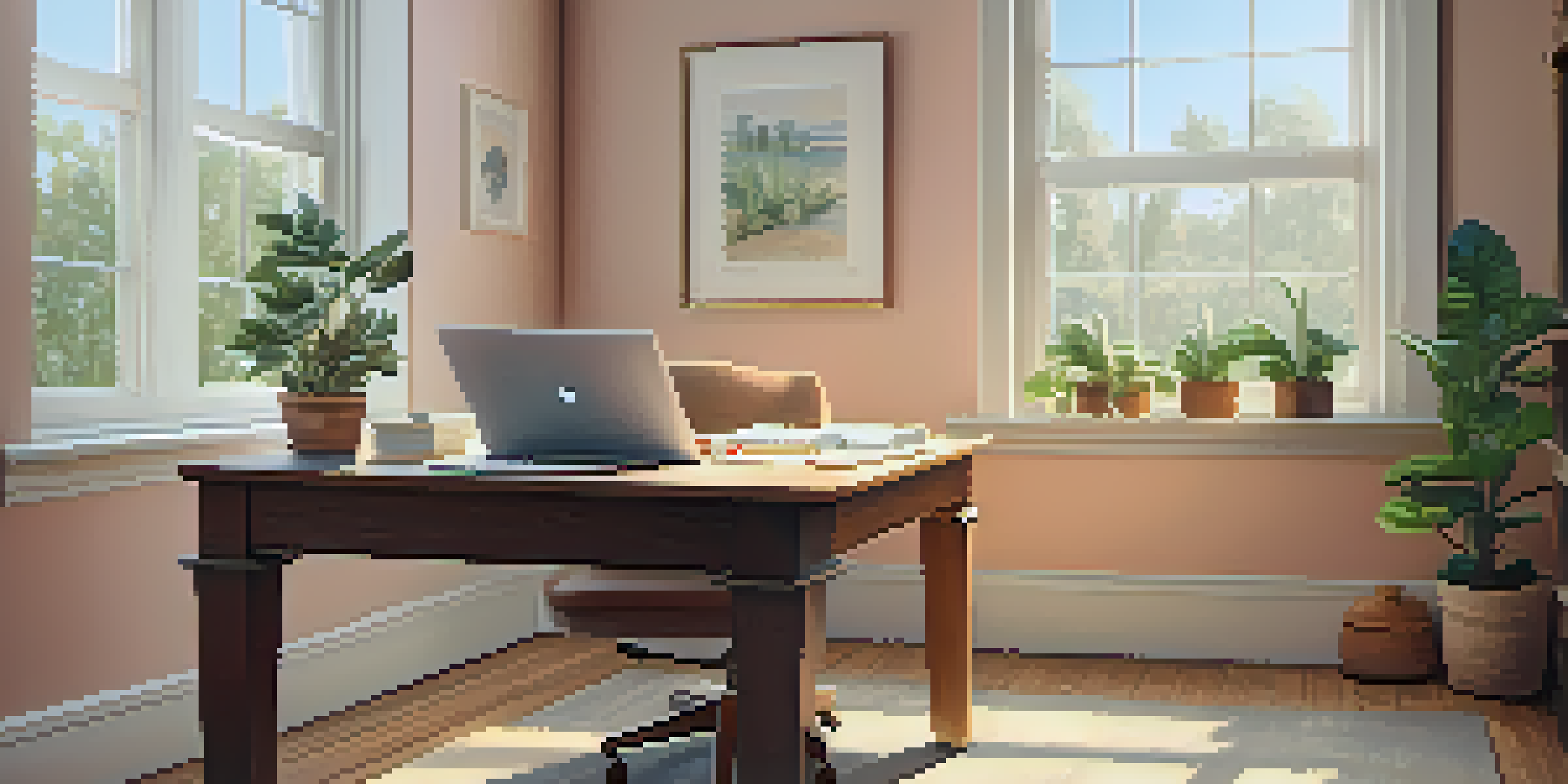 A bright and serene office space featuring a wooden desk, laptop, and a potted plant by the window.