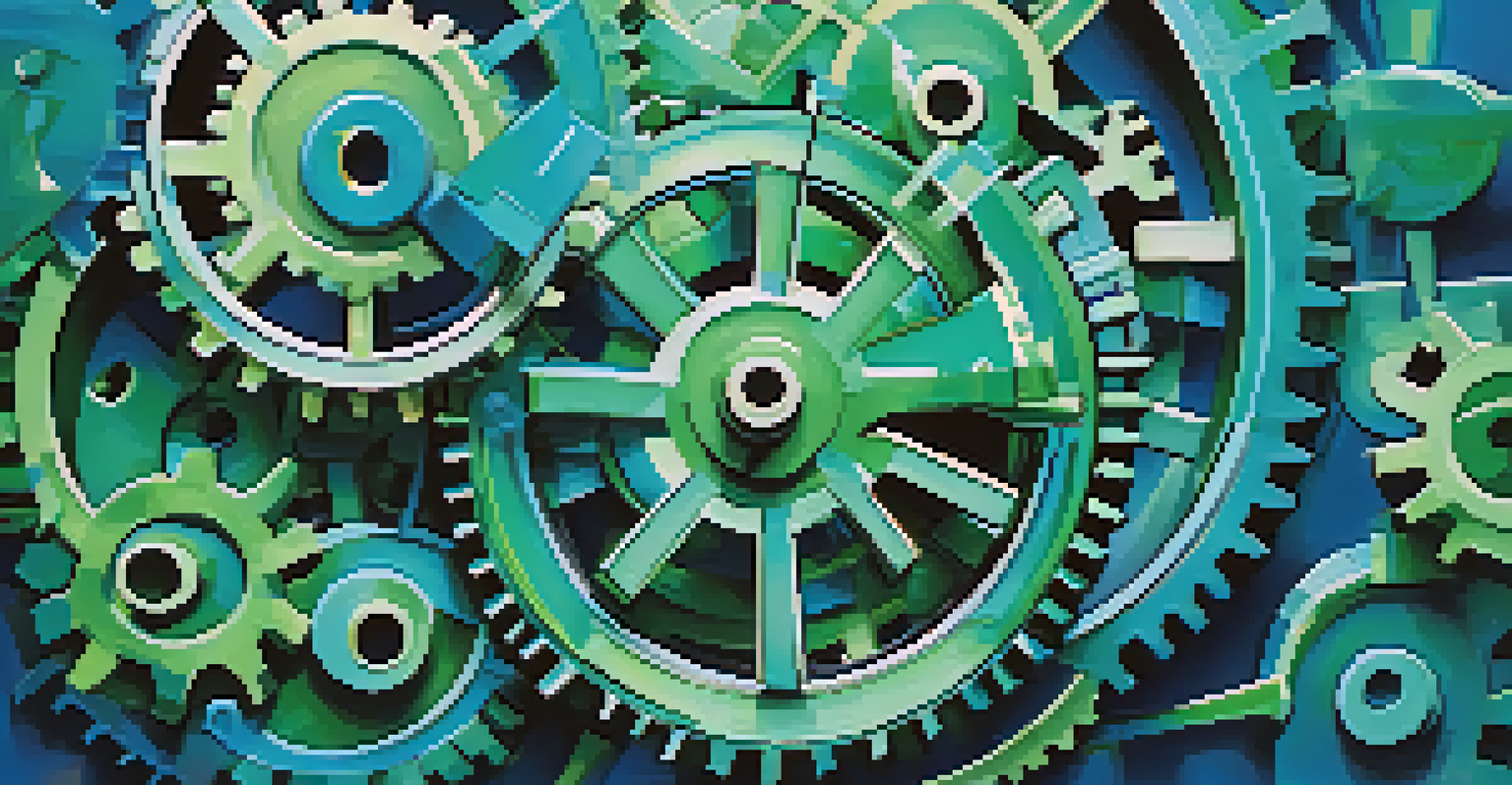 An abstract illustration of interlocking gears symbolizing collaboration in mergers and acquisitions with a blue and green background.