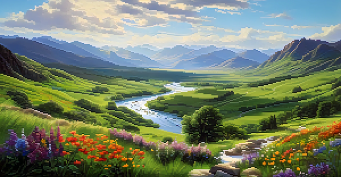 A picturesque valley with a river, wildflowers, and mountains in the background under a blue sky.