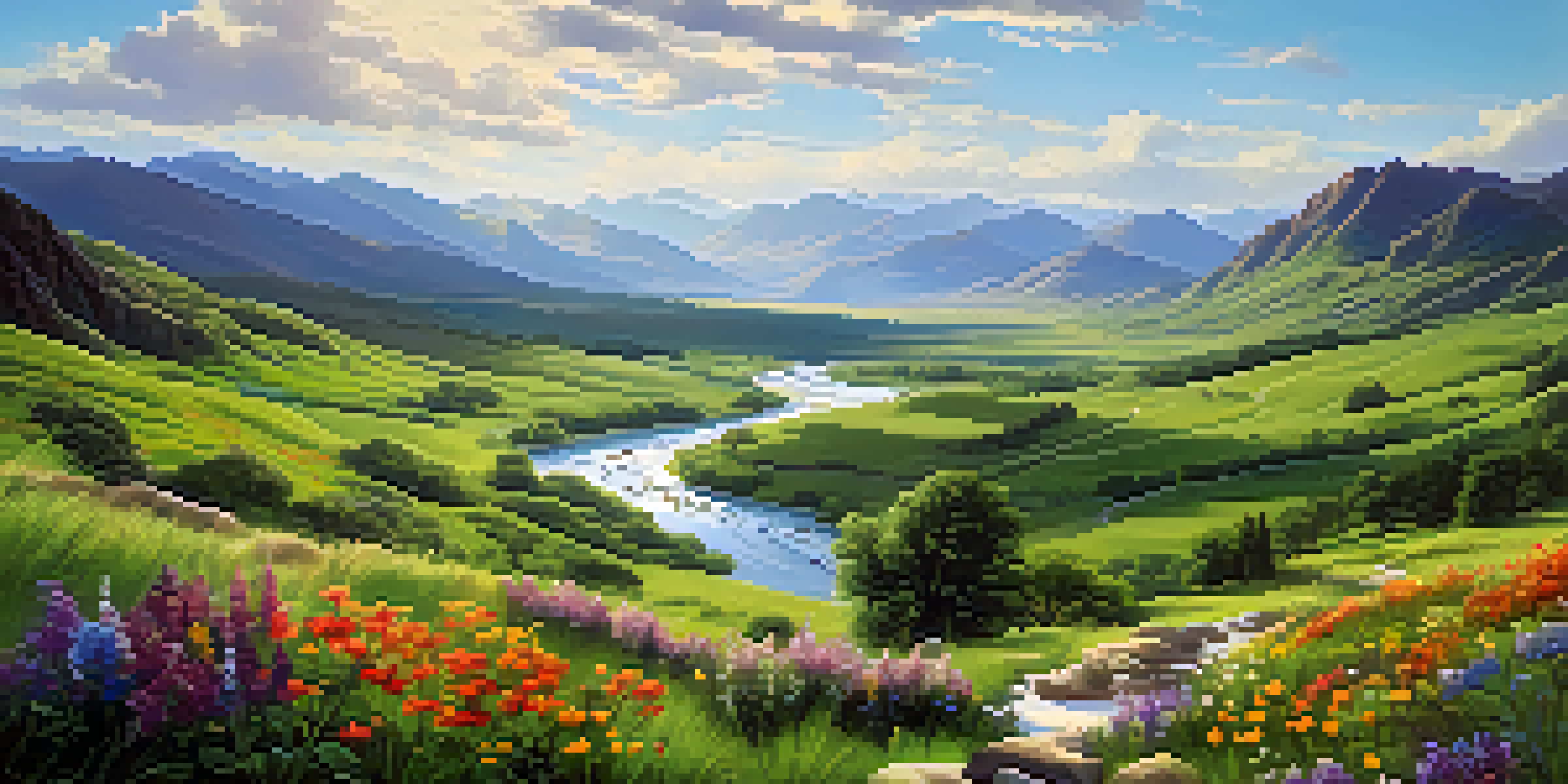 A picturesque valley with a river, wildflowers, and mountains in the background under a blue sky.