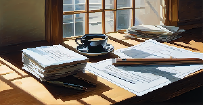 A wooden table with partnership documents, a calculator, and a cup of coffee illuminated by soft natural light.