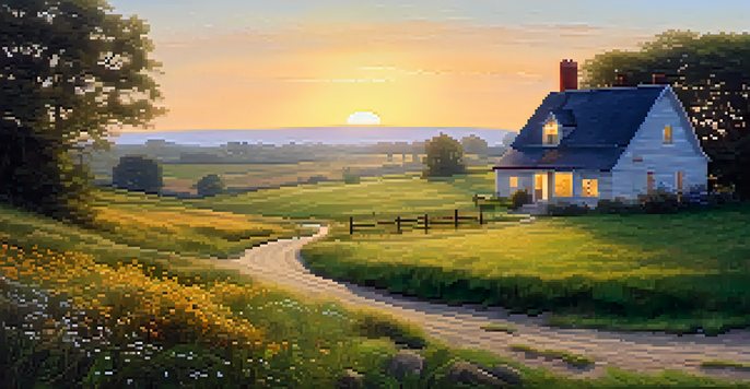 A peaceful rural landscape at sunrise, featuring green fields, wildflowers, and a farmhouse in the distance.