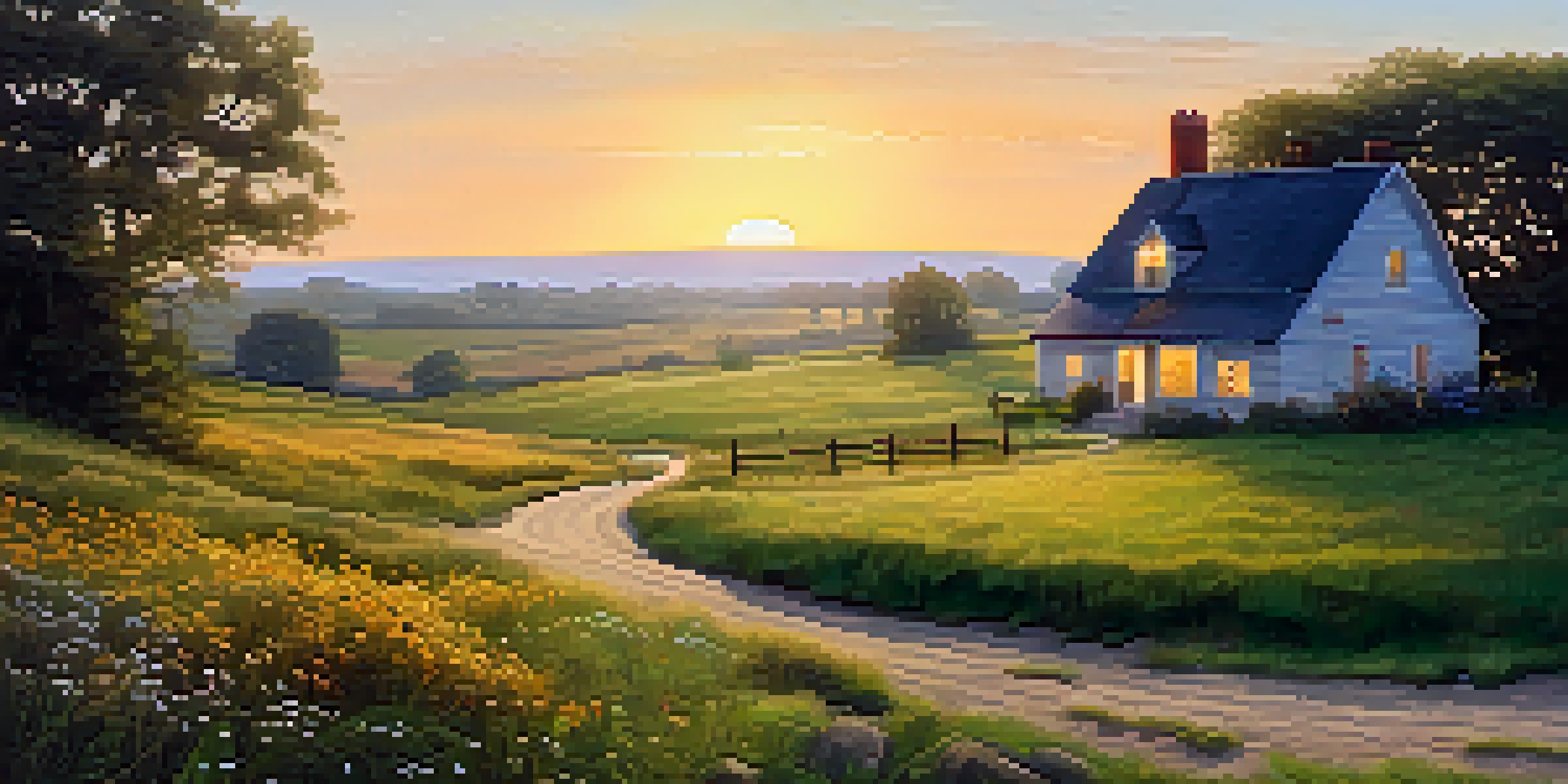 A peaceful rural landscape at sunrise, featuring green fields, wildflowers, and a farmhouse in the distance.