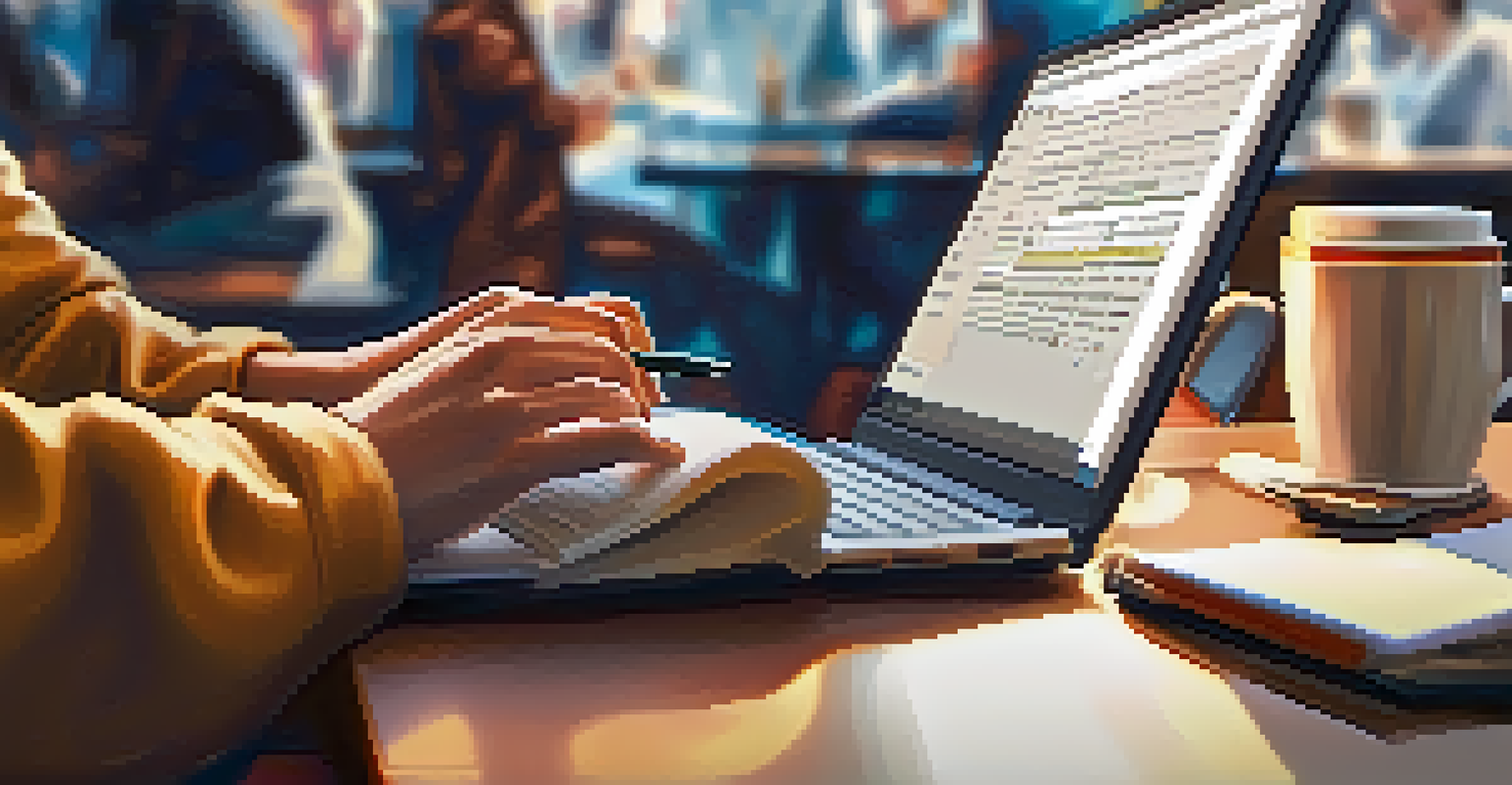 Close-up of hands typing on a laptop in a busy cafe, with a notebook and pen nearby.