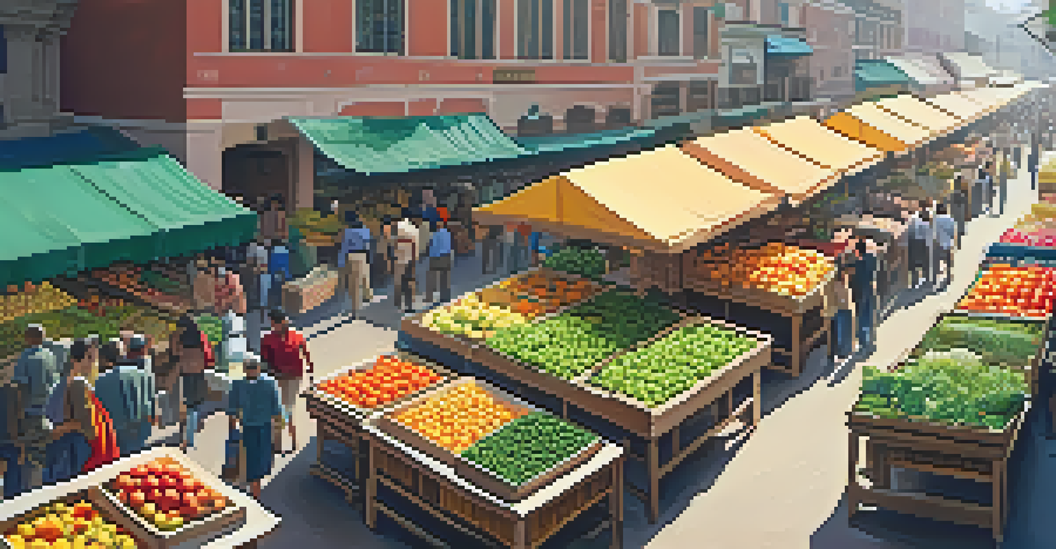An overhead view of a vibrant market filled with fresh fruits and vegetables.