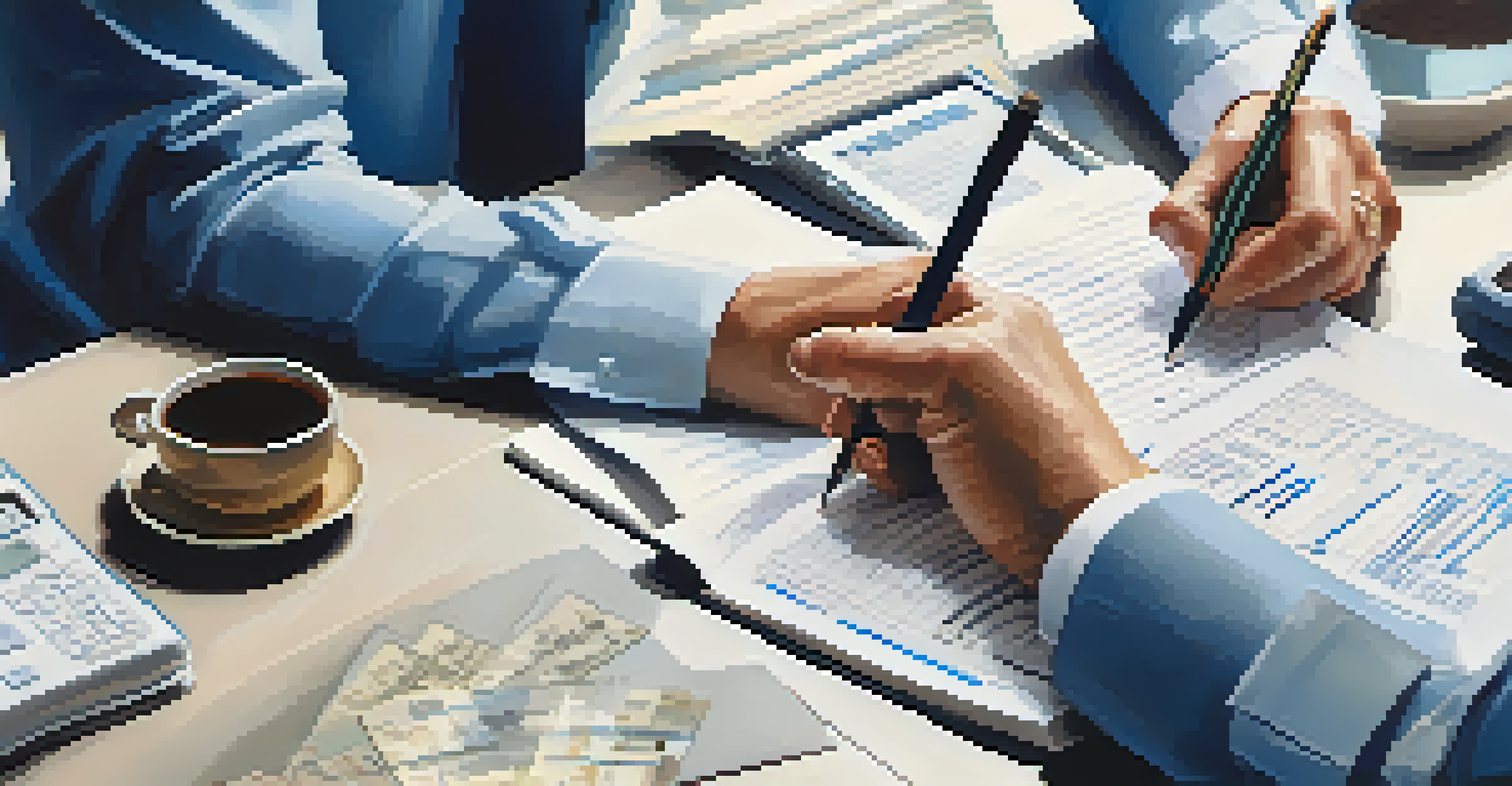 A financial planner's hands writing notes on a notepad with a calculator and brochures around them.